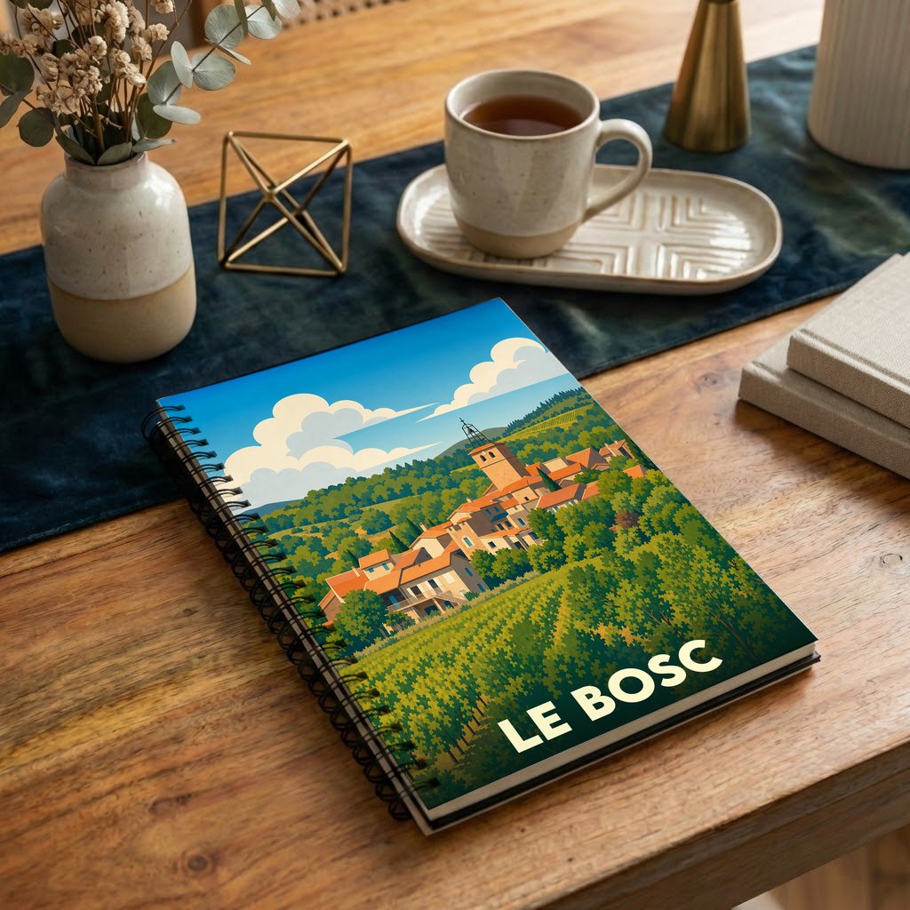 Carnet souvenir de la ville de Le Bosc avec une illustration stylisée de son village et de ses vignobles.