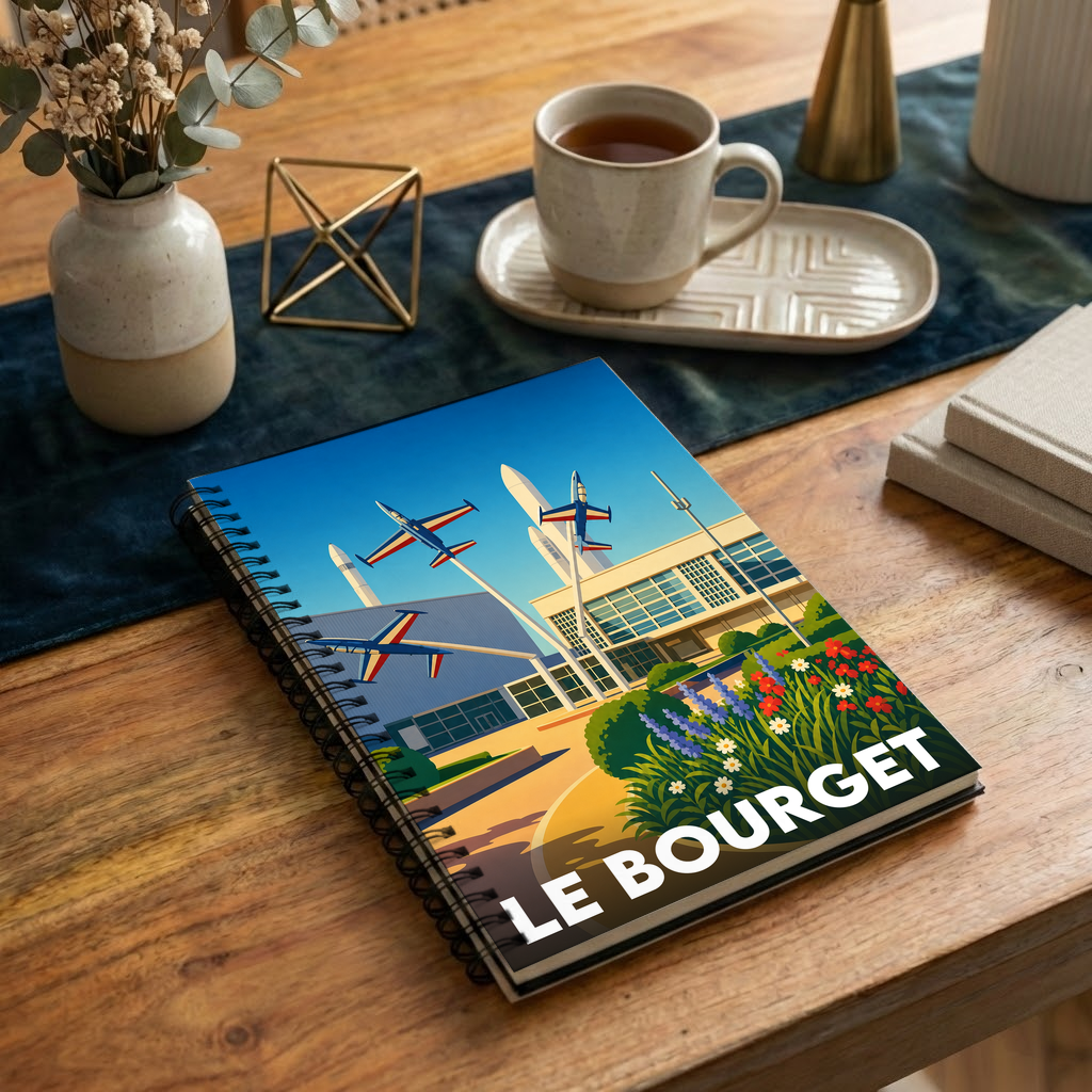 Carnet souvenir de la ville du Bourget avec une illustration stylisée d'avions et de fusées.