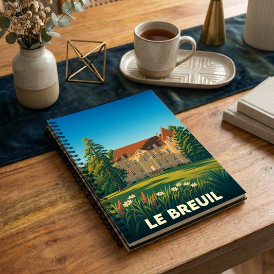Carnet à spirales souvenir de la ville de Le Breuil avec une illustration stylisée de son château.