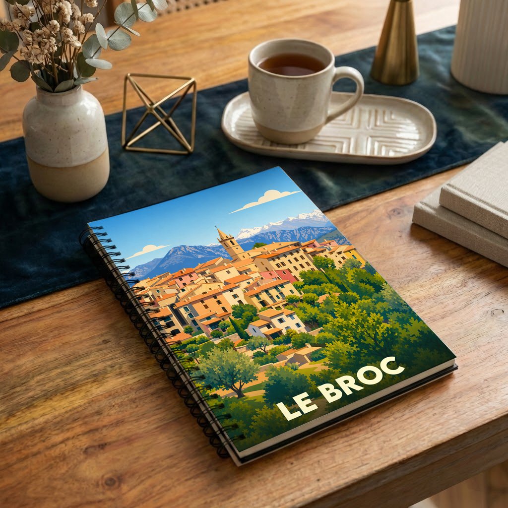 Carnet à spirales souvenir de la ville de Le Broc avec une illustration stylisée de son paysage provençal.