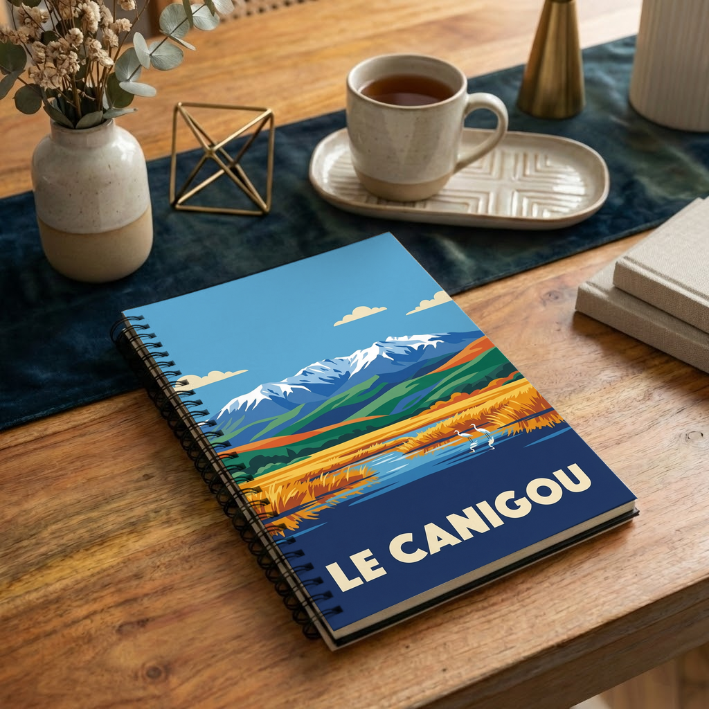 Carnet souvenir de Le Canigou avec une illustration stylisée de paysage montagneux.