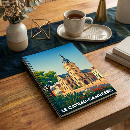 Carnet à spirales souvenir de la ville du Cateau-Cambrésis avec une illustration stylisée de son hôtel de ville.
