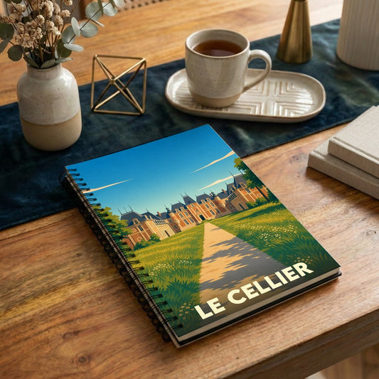 Carnet à spirales souvenir de la ville de Le Cellier illustré d'un château stylisé dans un paysage verdoyant.