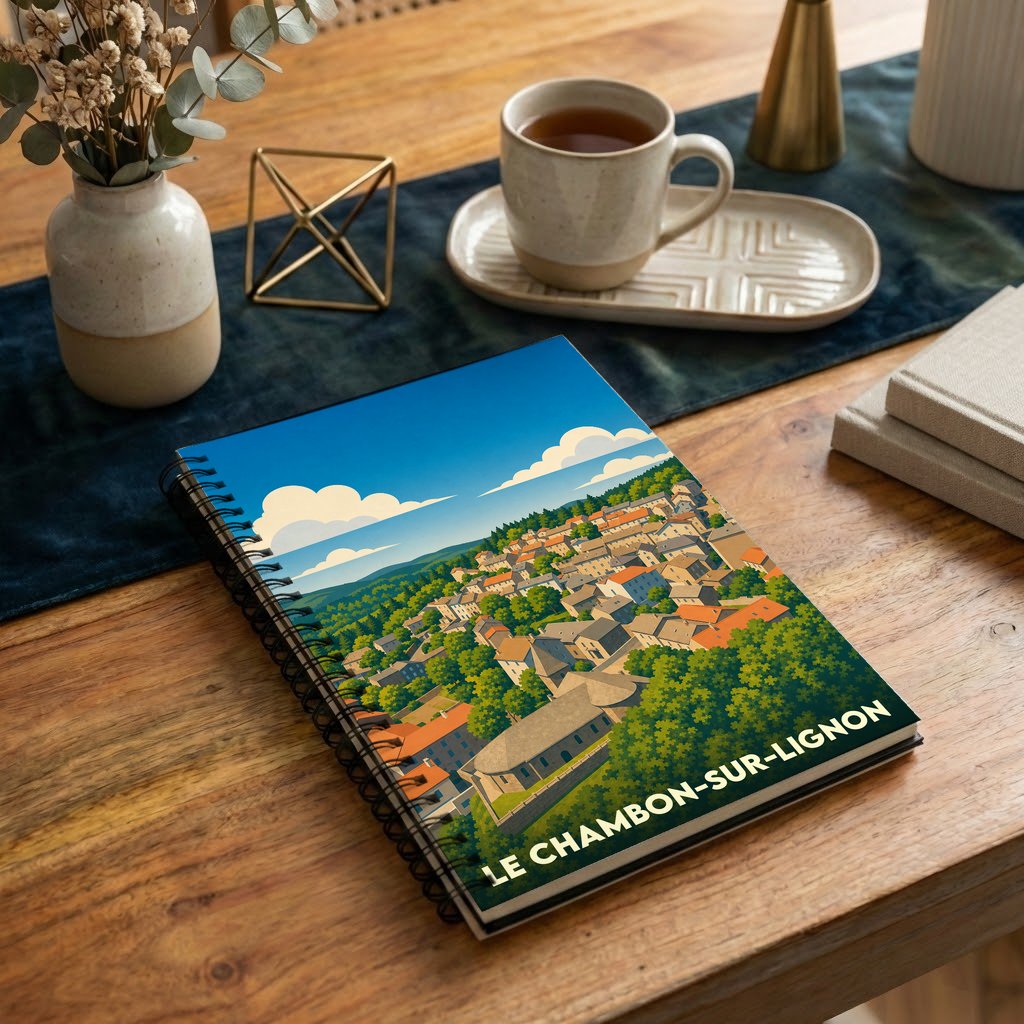 Carnet souvenir de la ville de Le Chambon-sur-Lignon avec une illustration stylisée d'un village niché dans la verdure.