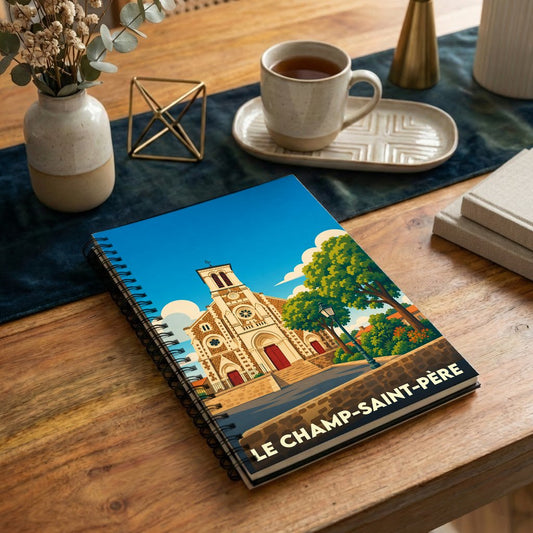 Carnet souvenir de la ville de Le Champ-Saint-Père avec une illustration stylisée de son église.