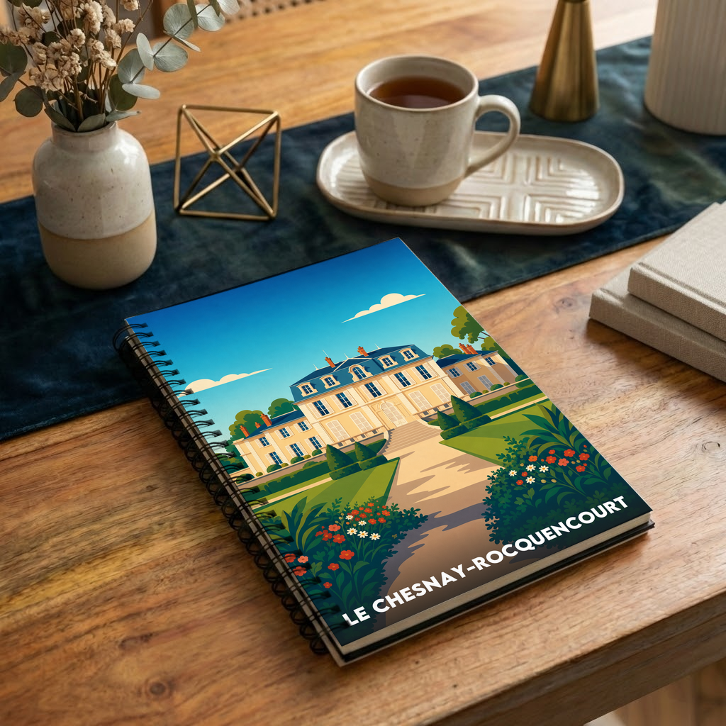 Carnet à spirales souvenir de la ville de Le Chesnay-Rocquencourt avec une illustration stylisée d'un château.