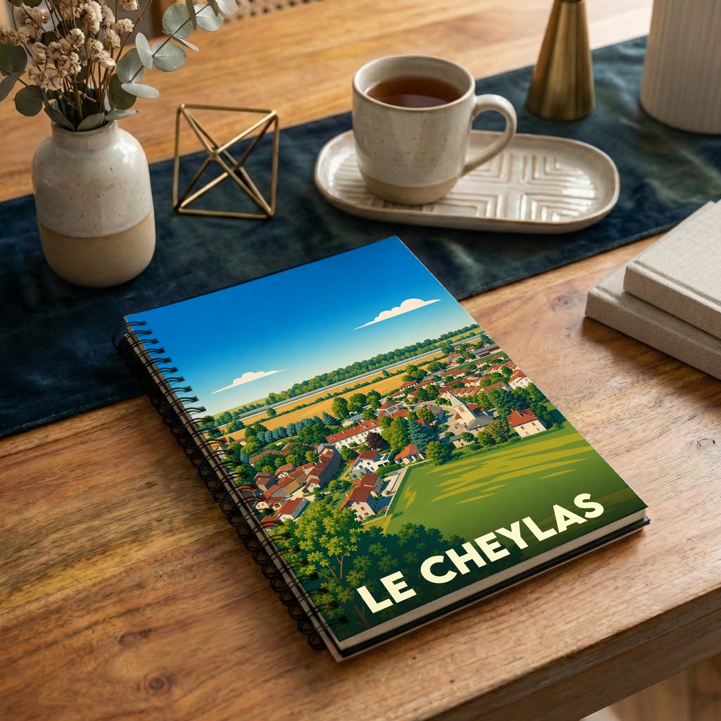 Carnet à spirales souvenir de la ville de Le Cheylas avec une illustration paysagère stylisée.