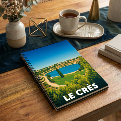Carnet à spirale souvenir de la ville de Le Crès avec une illustration stylisée de son lac.