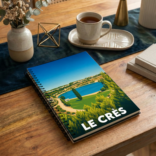Carnet à spirale souvenir de la ville de Le Crès avec une illustration stylisée de son lac.