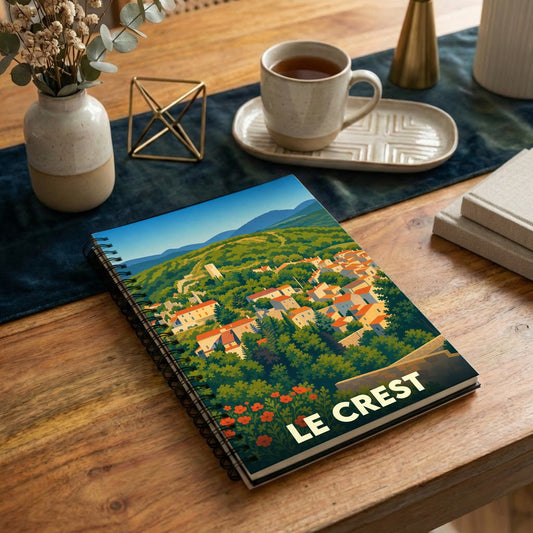 Carnet à spirale souvenir de la ville de Le Crest avec une illustration stylisée d'un village provençal.