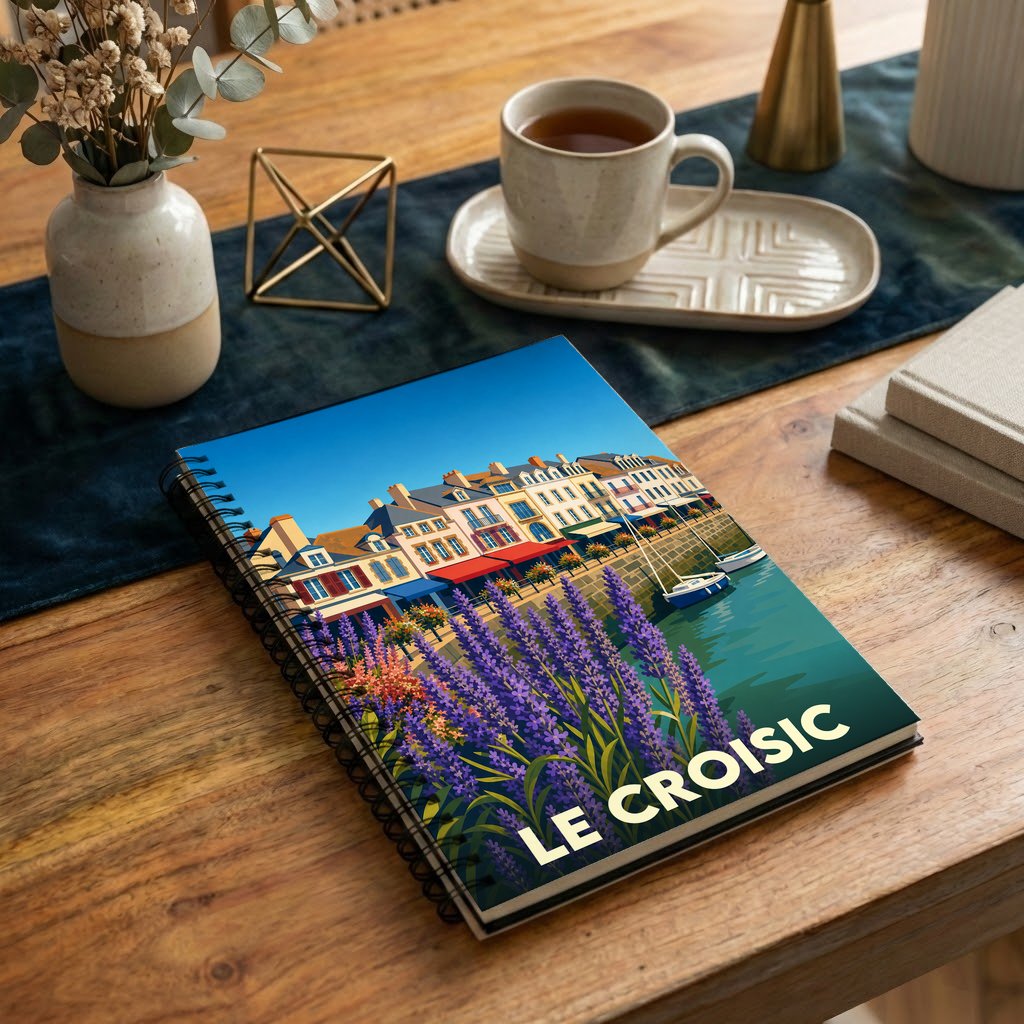Carnet souvenir de la ville de Le Croisic avec une illustration stylisée de son port et de fleurs violettes.