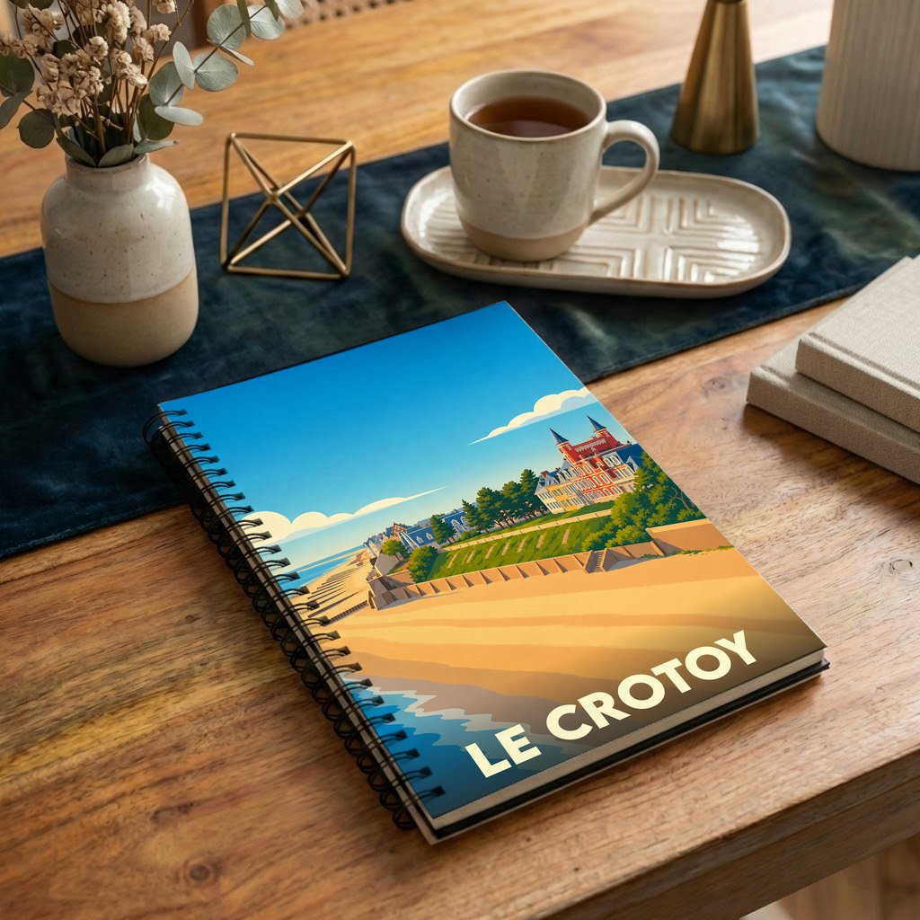Carnet à spirale souvenir de la ville du Crotoy avec une illustration stylisée de sa plage et de son front de mer.