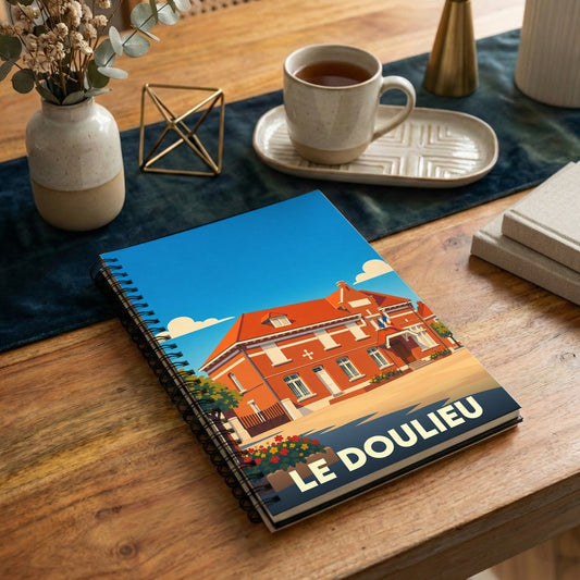 Carnet souvenir de la ville de Le Doulieu avec une illustration stylisée d'un bâtiment en briques.