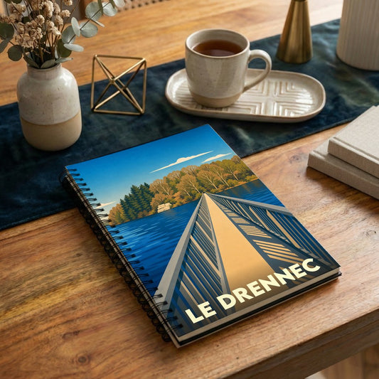 Carnet souvenir de la ville de Le Drennec avec une illustration stylisée d'un pont surplombant l'eau.