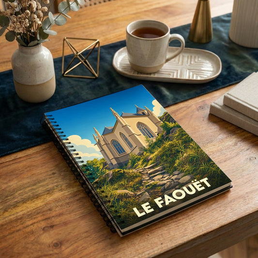 Carnet à spirales souvenir de la ville de Le Faouët avec une illustration stylisée de la chapelle Sainte-Barbe.