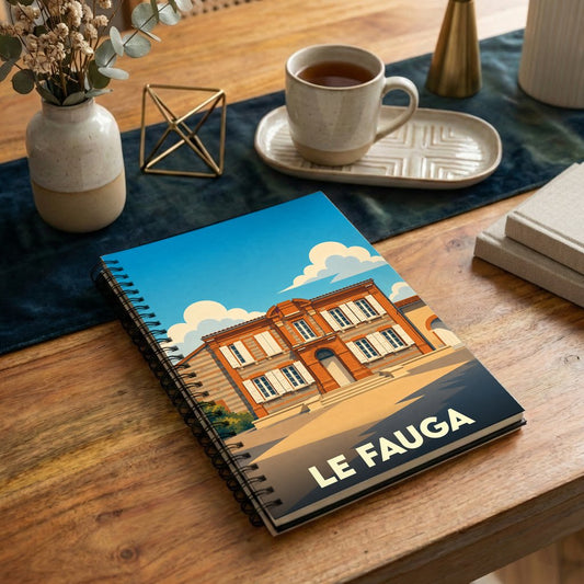 Carnet à spirales souvenir de la ville de Le Fauga avec une illustration stylisée de son architecture.