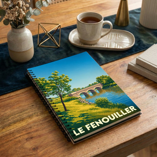 Carnet à spirales souvenir de la ville de Le Fenouiller avec une illustration stylisée d'un pont et d'une rivière.