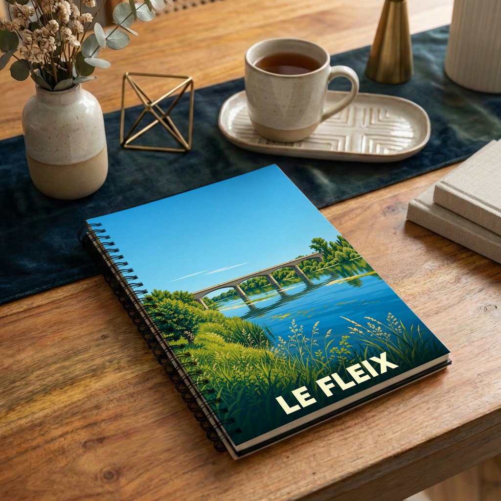 Carnet souvenir de la ville de Le Fleix avec une illustration stylisée d'un pont sur la rivière.