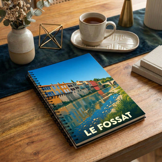 Carnet à spirales souvenir de la ville de Le Fossat avec une illustration stylisée d'un paysage fluvial urbain.
