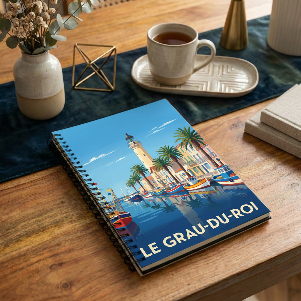 Carnet souvenir de la ville de Le Grau-du-Roi avec une illustration stylisée.