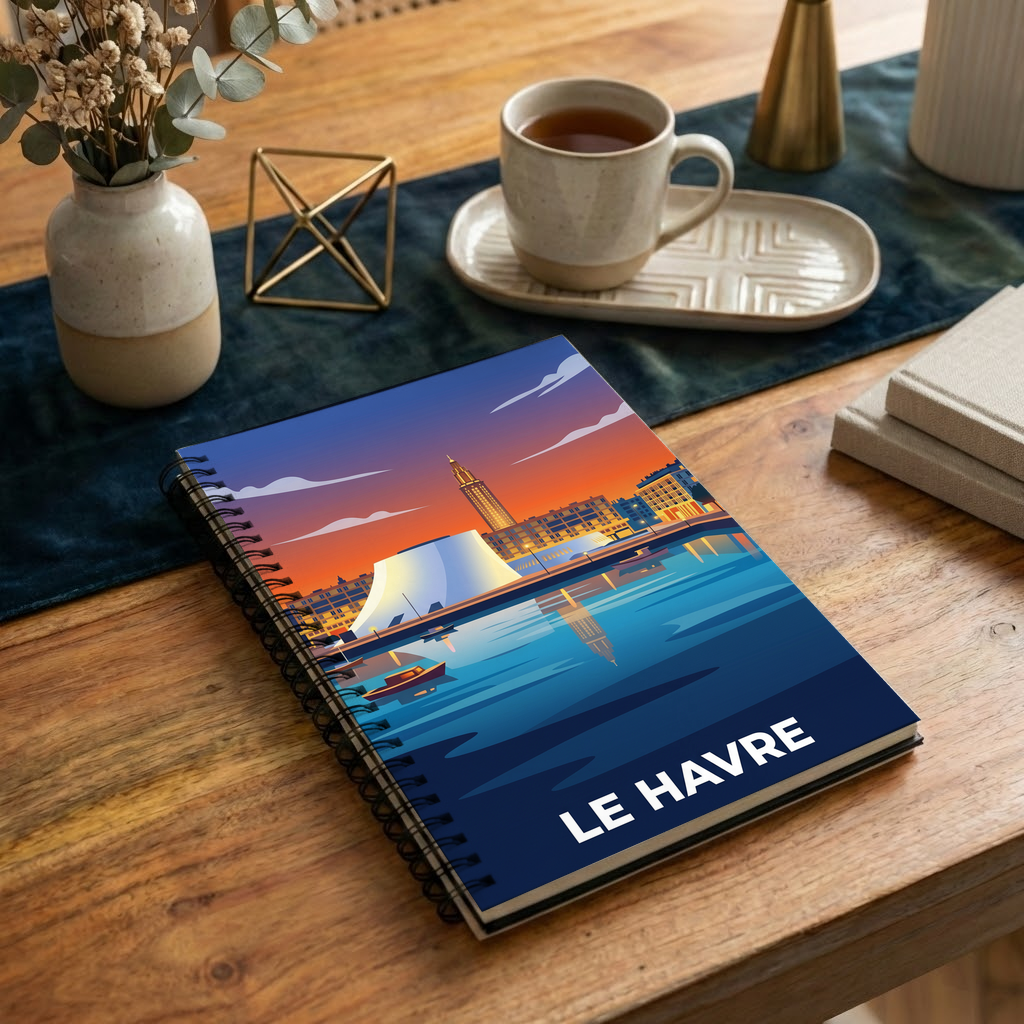 Carnet de notes souvenir de la ville de Le Havre avec une illustration stylisée.