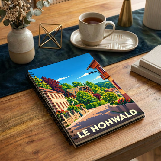 Carnet à spirales souvenir de la ville de Le Hohwald avec une illustration colorée de ses paysages et habitations.