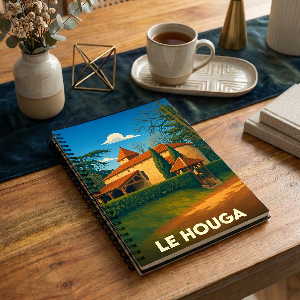 Carnet souvenir de la ville de Le Houga avec une illustration stylisée.