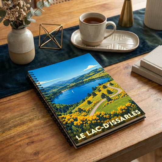 Carnet à spirale souvenir du Lac-d'Issarlès avec une illustration stylisée du lac et de ses paysages.