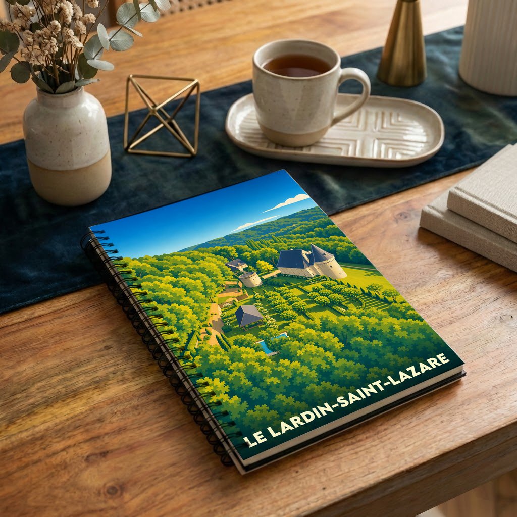 Carnet à spirales souvenir de la ville du Lardin-Saint-Lazare avec une illustration stylisée de son paysage verdoyant.