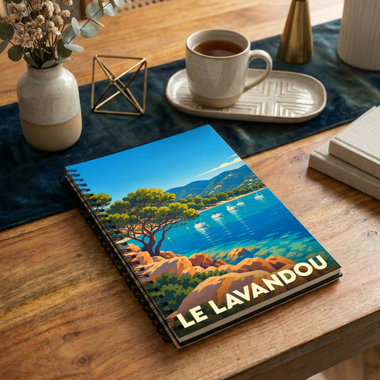 Carnet à spirales souvenir de la ville du Lavandou avec une illustration stylisée de sa côte méditerranéenne.