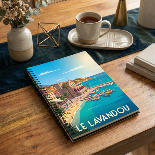 Carnet souvenir de la ville de Le Lavandou avec une illustration stylisée de son port et de sa plage.