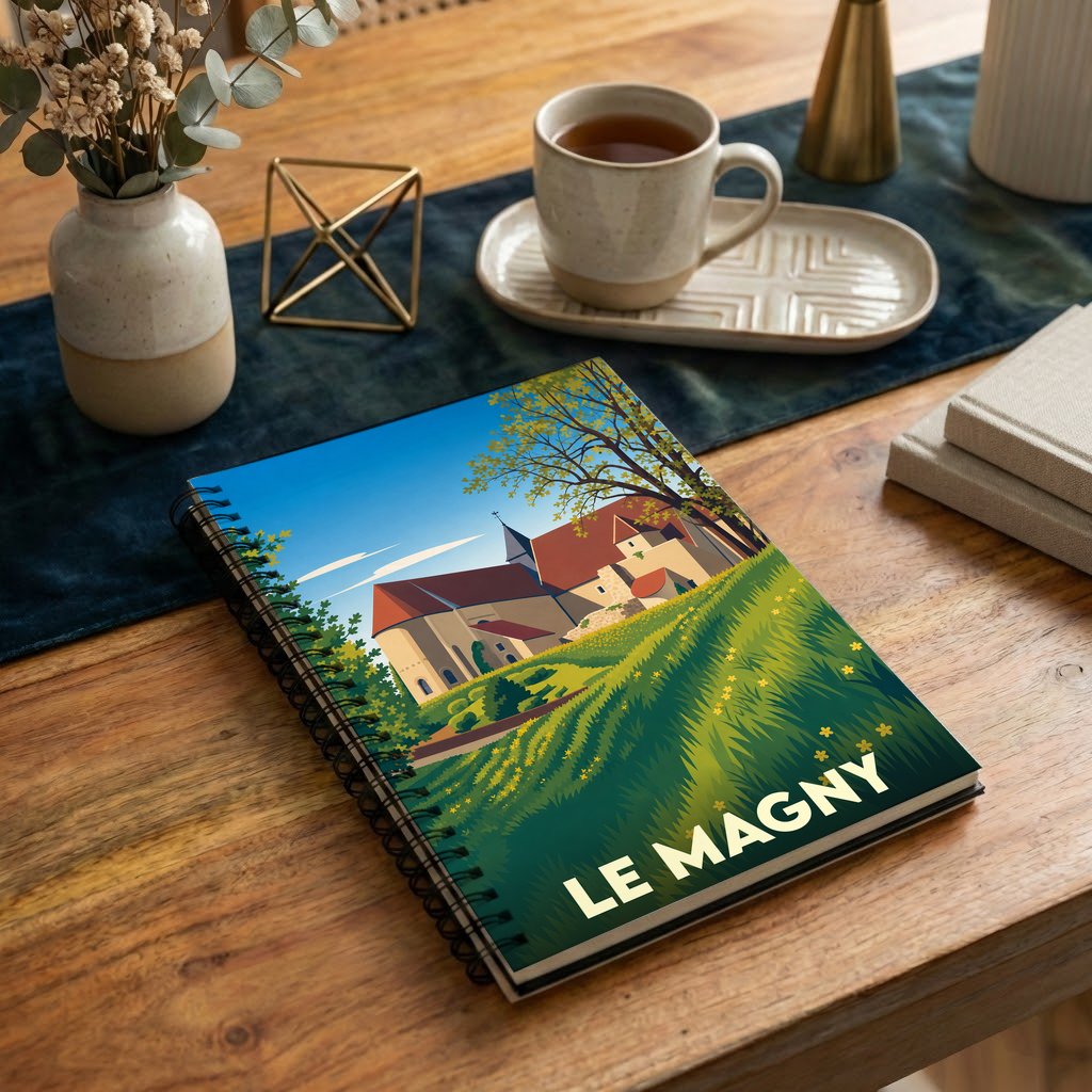 Carnet à spirales souvenir de la ville de Le Magny avec une illustration stylisée d'un paysage champêtre.