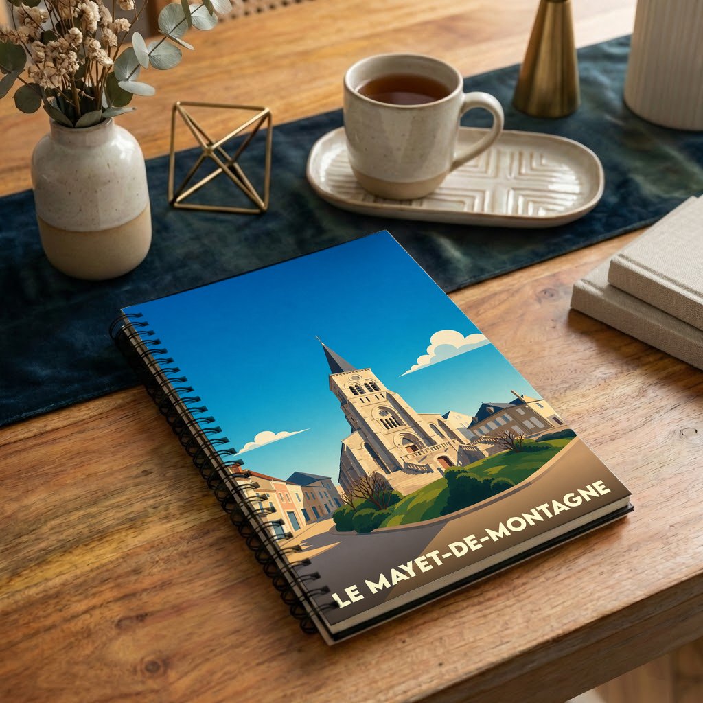Carnet à spirales souvenir de la ville de Le Mayet-de-Montagne avec une illustration stylisée de son église.