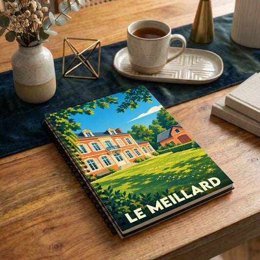 Carnet à spirales souvenir de la ville de Le Meillard illustré d'un manoir stylisé dans un parc verdoyant.