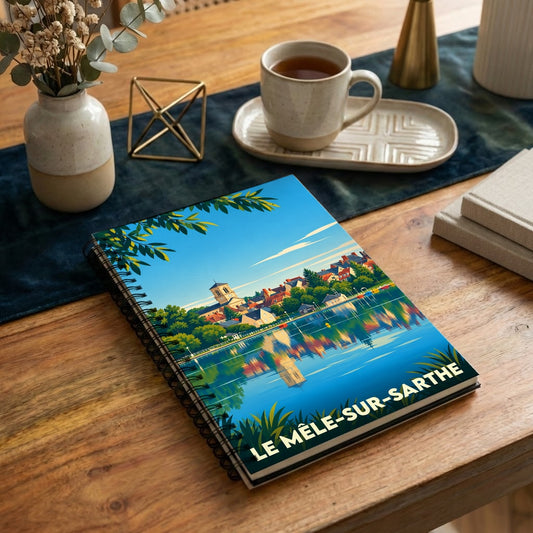 Carnet à spirales souvenir de la ville du Mêle-sur-Sarthe avec une illustration stylisée des bords de Sarthe.