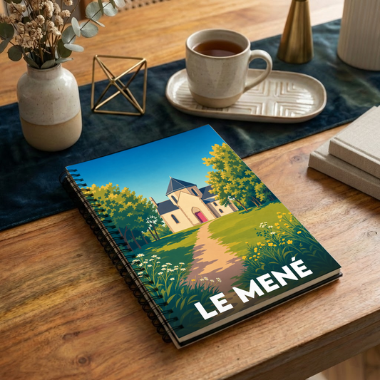 Carnet souvenir de la ville de Le Mené avec une illustration stylisée d'un paysage champêtre et d'une bâtisse.