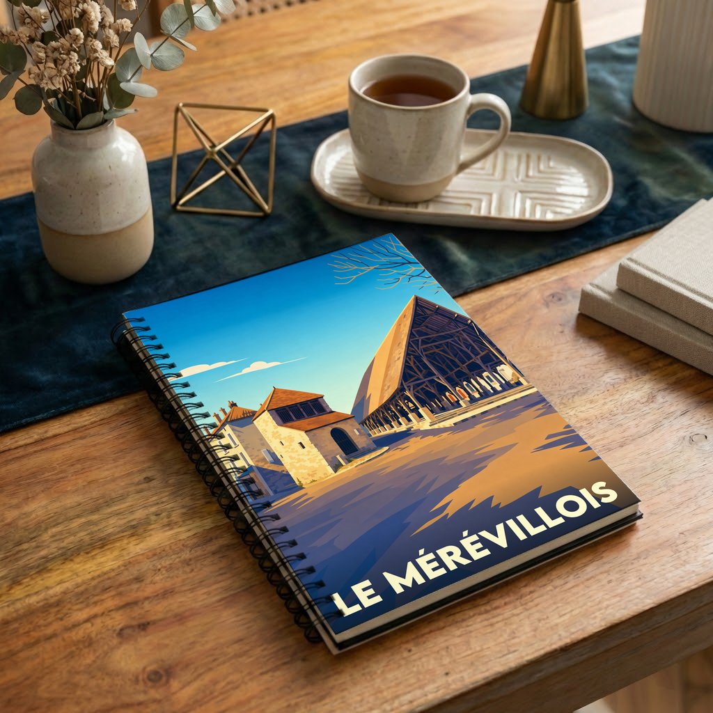 Carnet souvenir de la ville de Le Mérévillois avec une illustration stylisée de ses halles historiques.