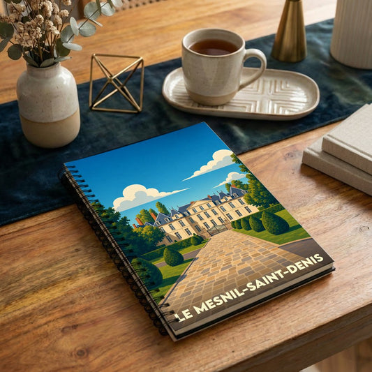 Carnet à spirales souvenir de la ville de Le Mesnil-Saint-Denis avec une illustration stylisée de son château.