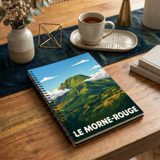 Carnet souvenir de la ville de Le Morne-Rouge avec une illustration stylisée de montagne.