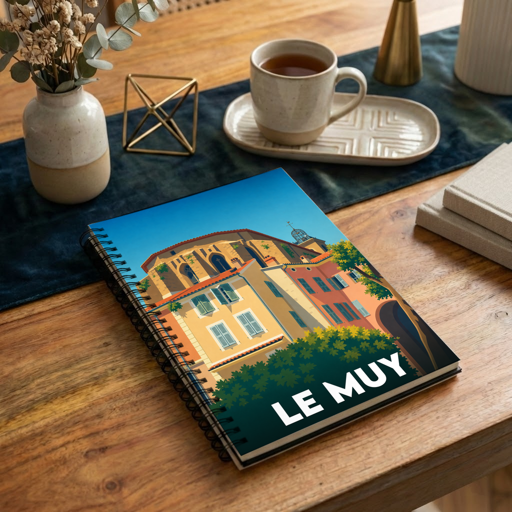 Carnet souvenir de la ville de Le Muy avec une illustration stylisée de ses façades provençales.