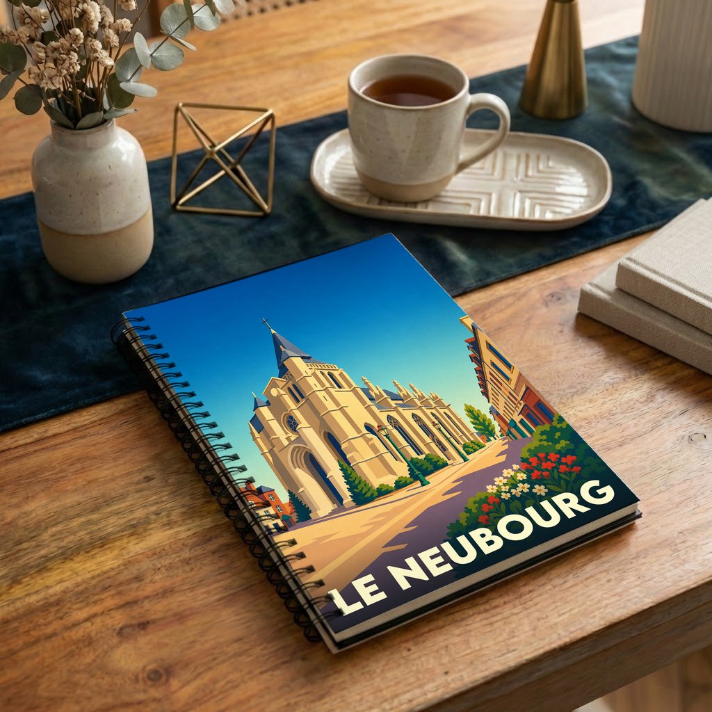 Carnet à spirale souvenir de la ville de Le Neubourg avec une illustration stylisée de son église.