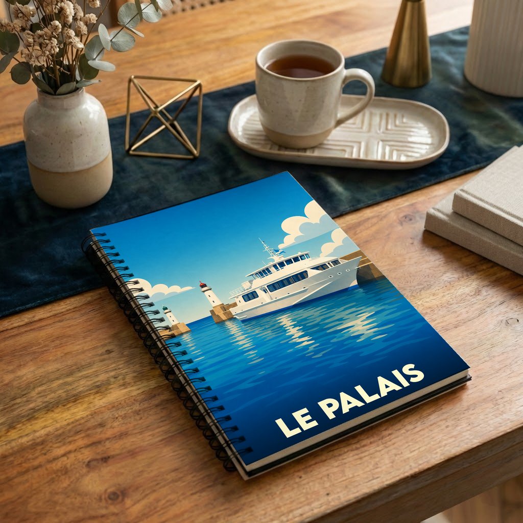 Carnet souvenir de la ville de Le Palais avec une illustration stylisée d'un navire arrivant au port.