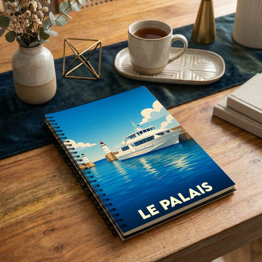 Carnet souvenir de la ville de Le Palais avec une illustration stylisée d'un navire arrivant au port.