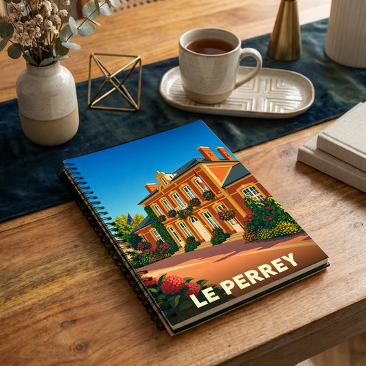 Carnet de notes souvenir de la ville de Le Perrey orné d'une illustration colorée et stylisée de son architecture.