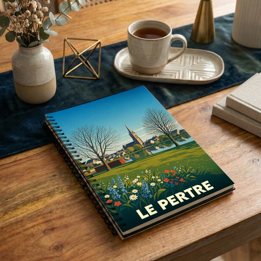 Carnet à spirale souvenir de la ville de Le Pertre avec une illustration paysagère stylisée.
