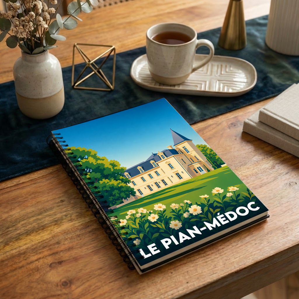 Carnet à spirales souvenir de la ville de Le Pian-Médoc avec une illustration stylisée de son patrimoine.
