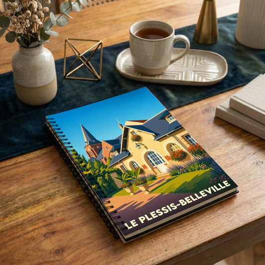 Carnet à spirales souvenir de la ville de Le Plessis-Belleville avec une illustration stylisée et colorée.