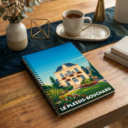 Carnet à spirales souvenir de la ville de Le Plessis-Bouchard avec une illustration stylisée de son hôtel de ville.