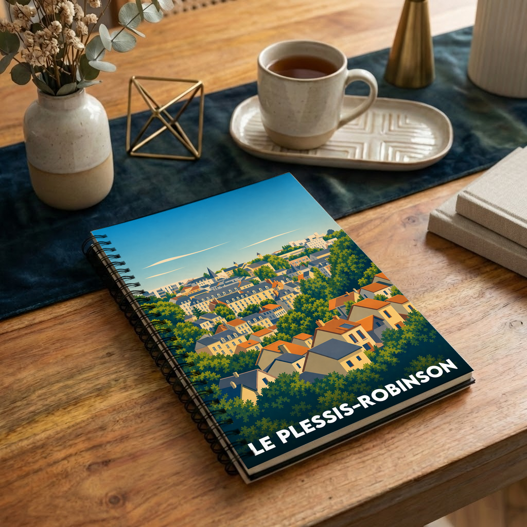 Carnet souvenir de la ville de Le Plessis-Robinson avec une illustration stylisée de son paysage urbain boisé.