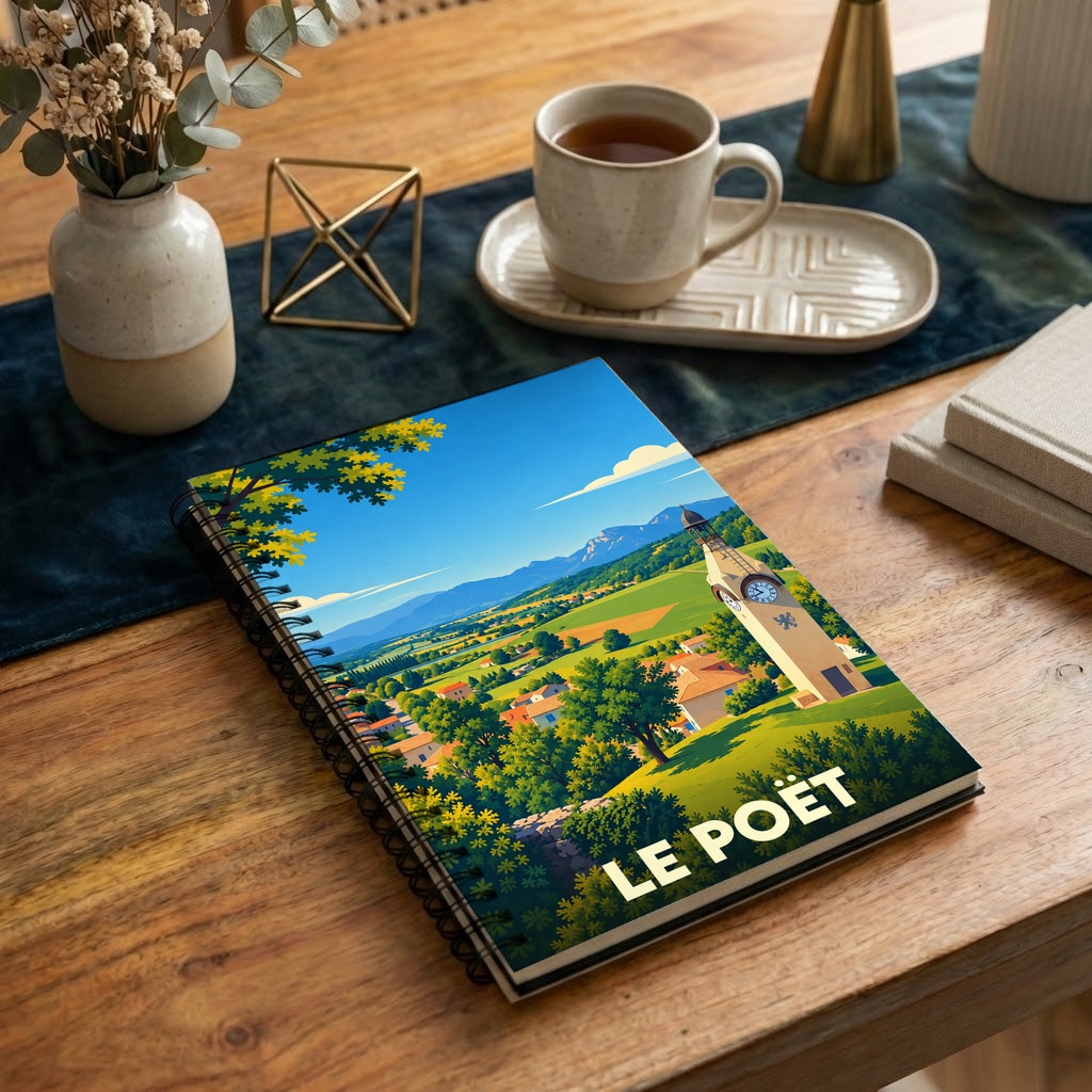 Carnet à spirales souvenir de la ville de Le Poët avec une illustration stylisée d'un paysage provençal.